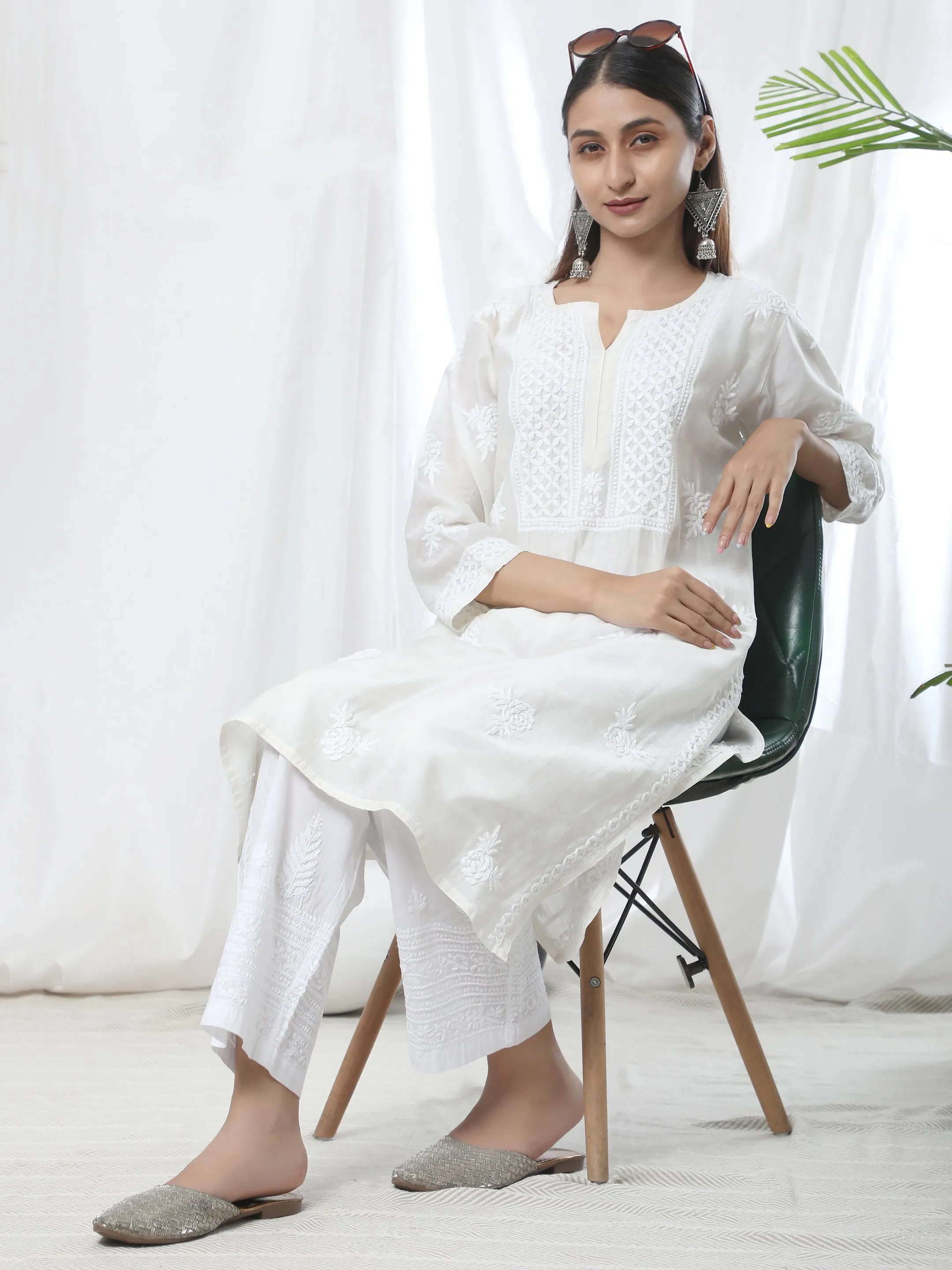 HOK Chikankari Cotton White Pants