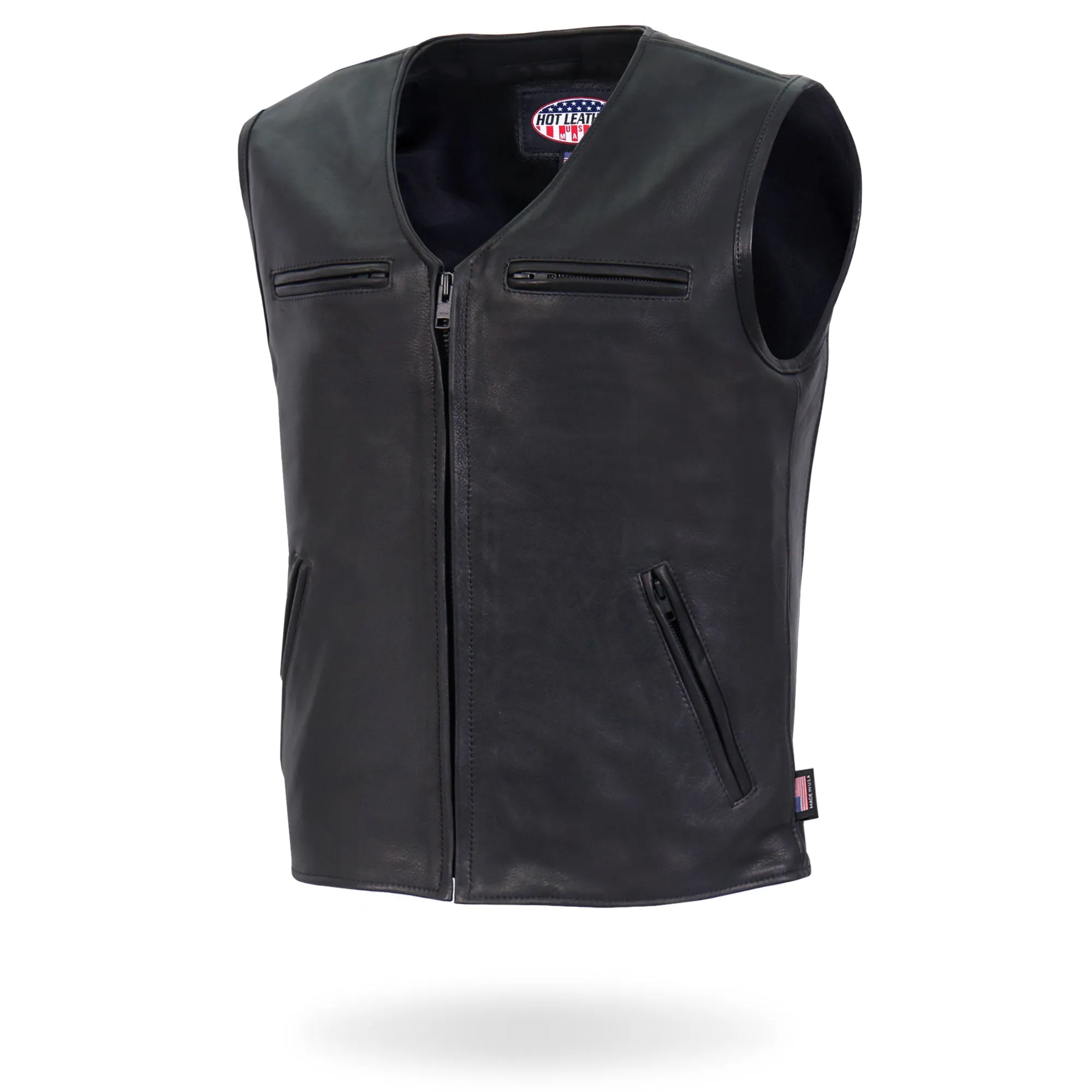 Hot Leathers Premium USA Made Leather V Neck Club Style Zipper Front Motorcycle Biker Vest