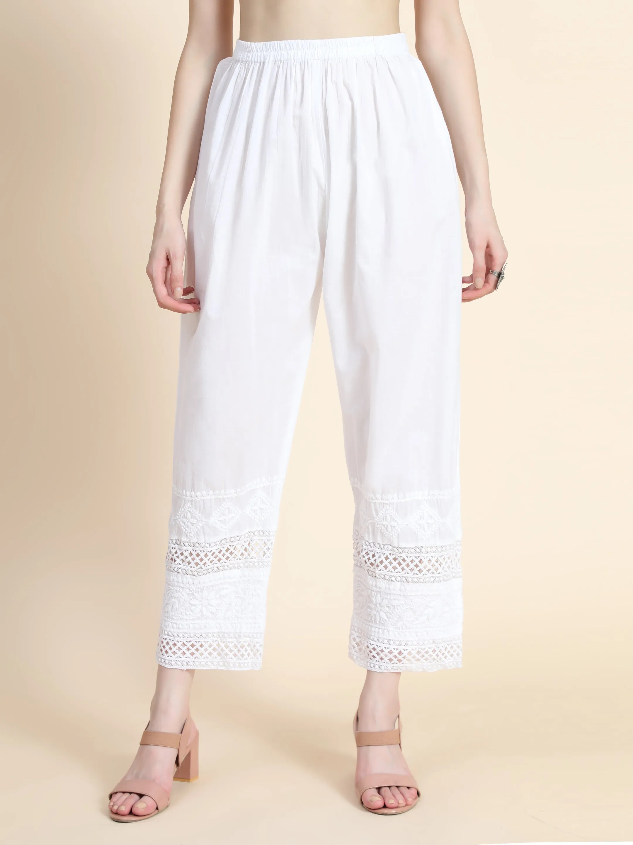 House Of Kari Chikankari Embroidered Cotton White Relaxed Pants Trousers-1