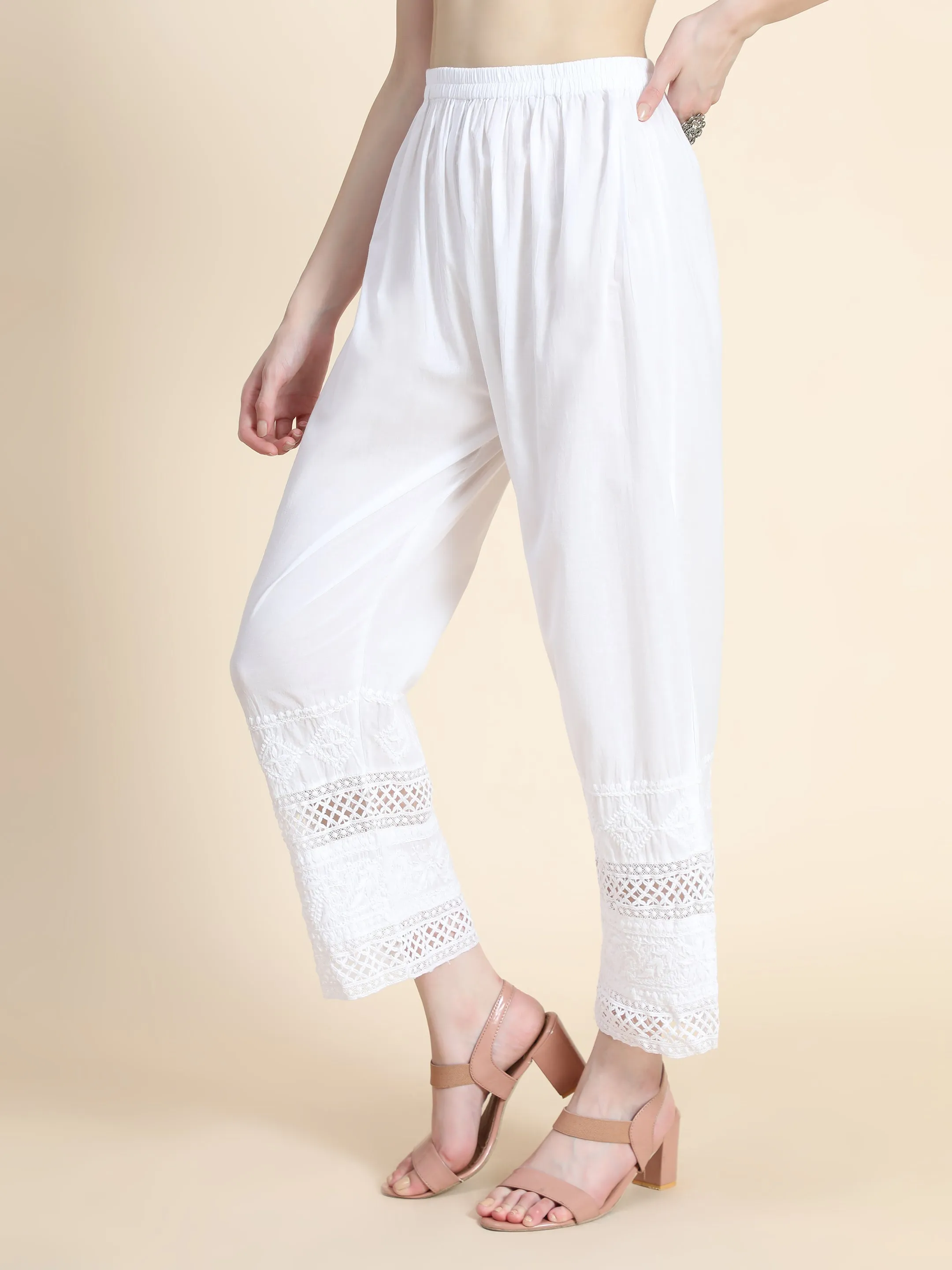 House Of Kari Chikankari Embroidered Cotton White Relaxed Pants Trousers-1