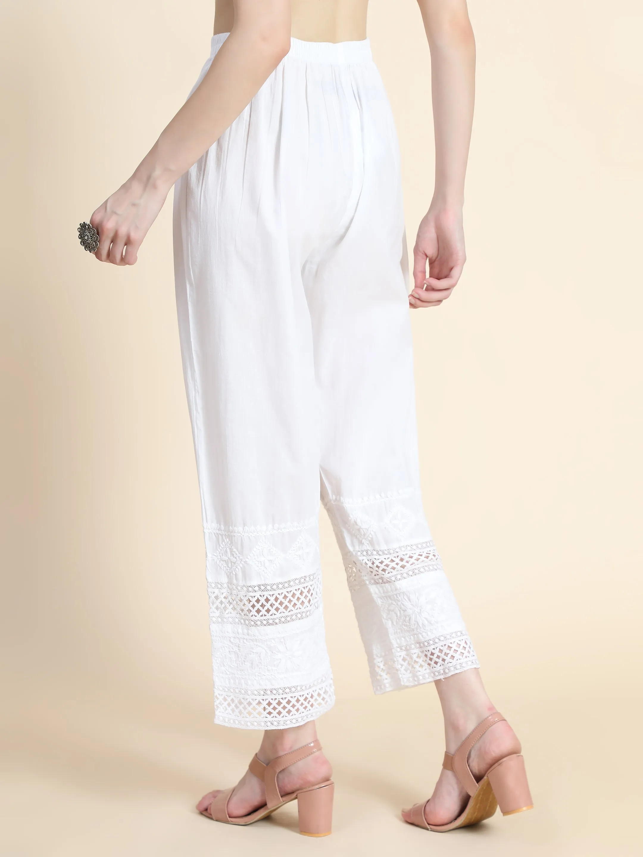 House Of Kari Chikankari Embroidered Cotton White Relaxed Pants Trousers-1