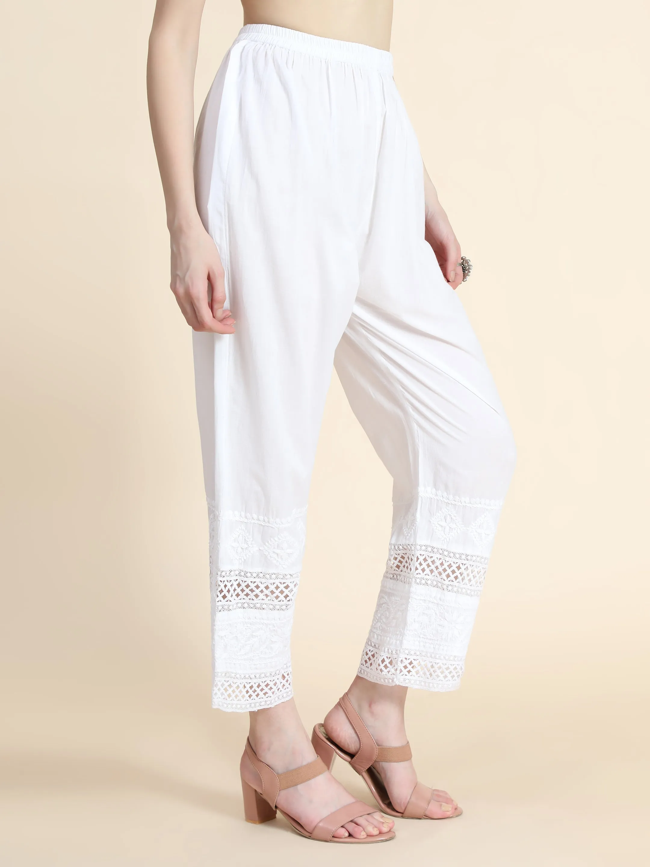 House Of Kari Chikankari Embroidered Cotton White Relaxed Pants Trousers-1