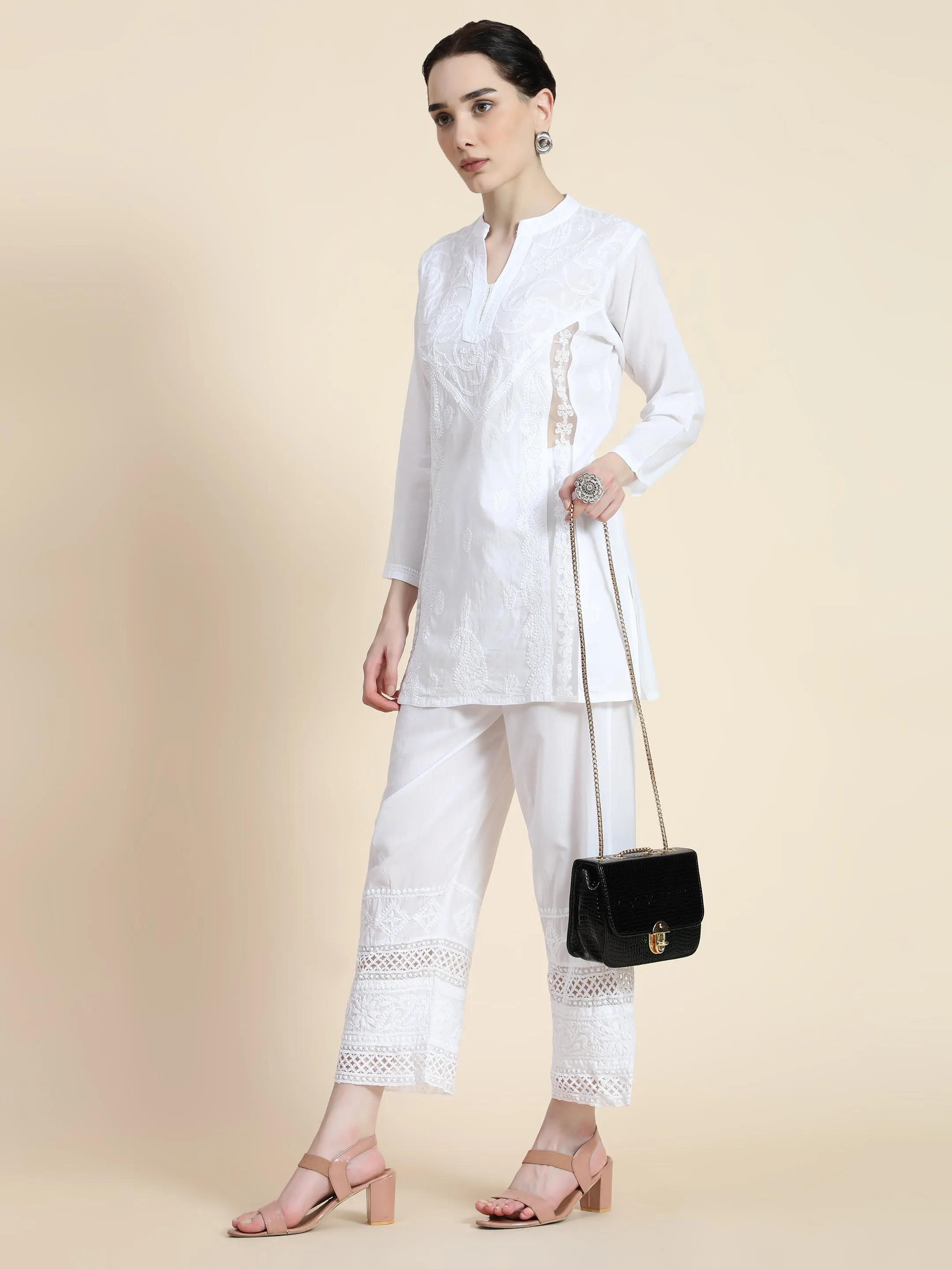 House Of Kari Chikankari Embroidered Cotton White Relaxed Pants Trousers-1