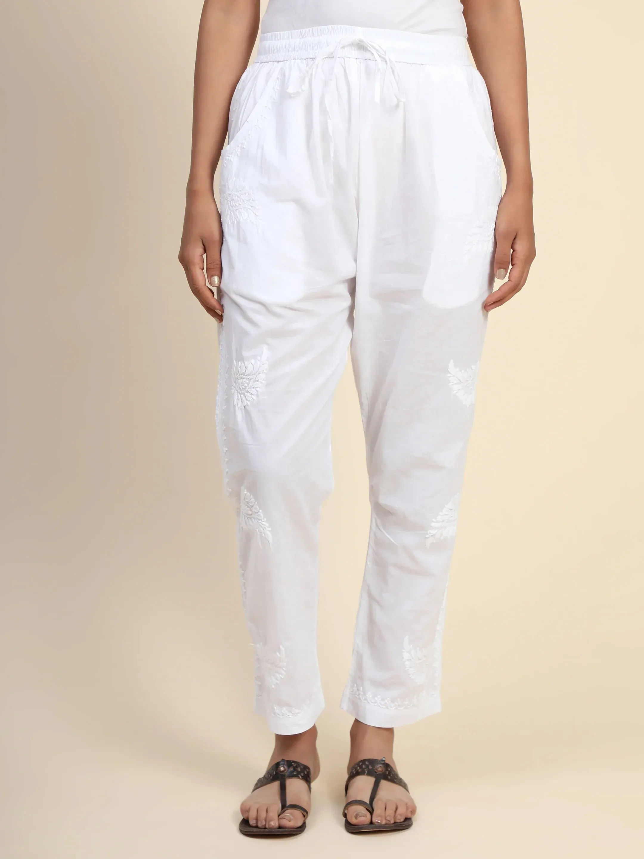 House Of Kari Chikankari Embroidered Cotton White Relaxed Pants Trousers-9