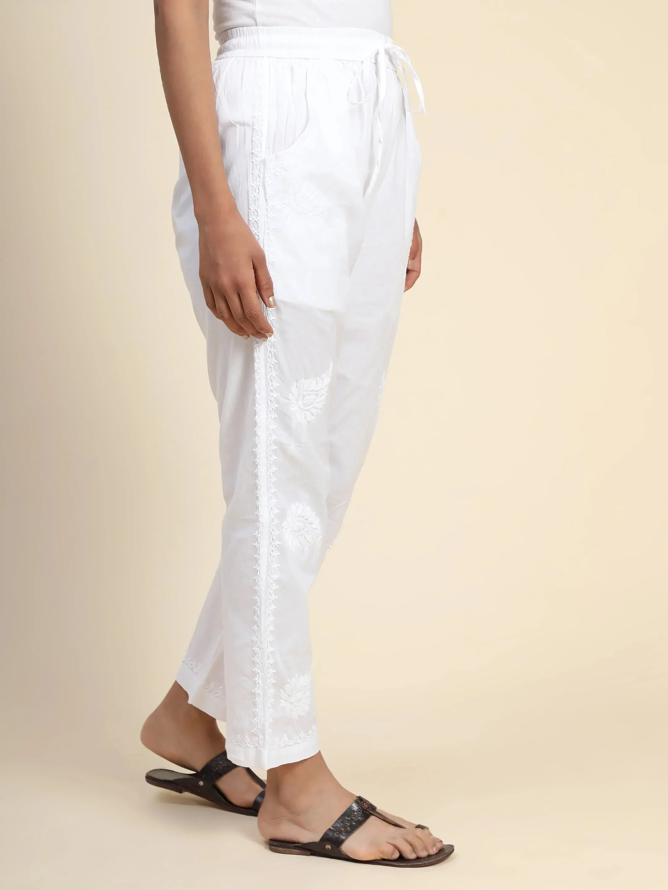 House Of Kari Chikankari Embroidered Cotton White Relaxed Pants Trousers-9