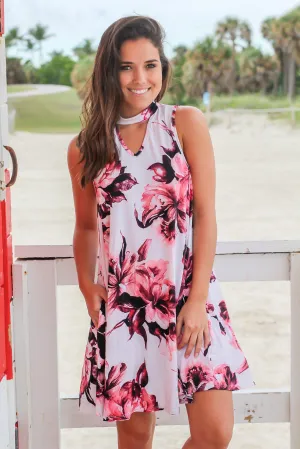 Ivory and Mauve Floral Mock Neck Short Dress