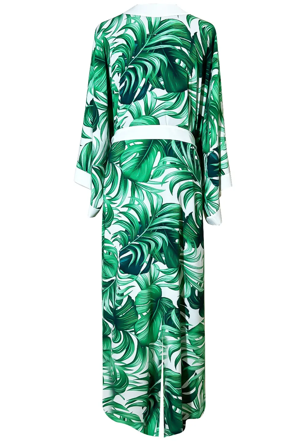 Jungle – Monstera White / Green Maxi Split Kaftan (Off-White)