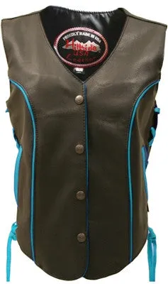 Ladies Made in USA Black Leather Motorcycle Vest with Turquoise Trim Side Laces