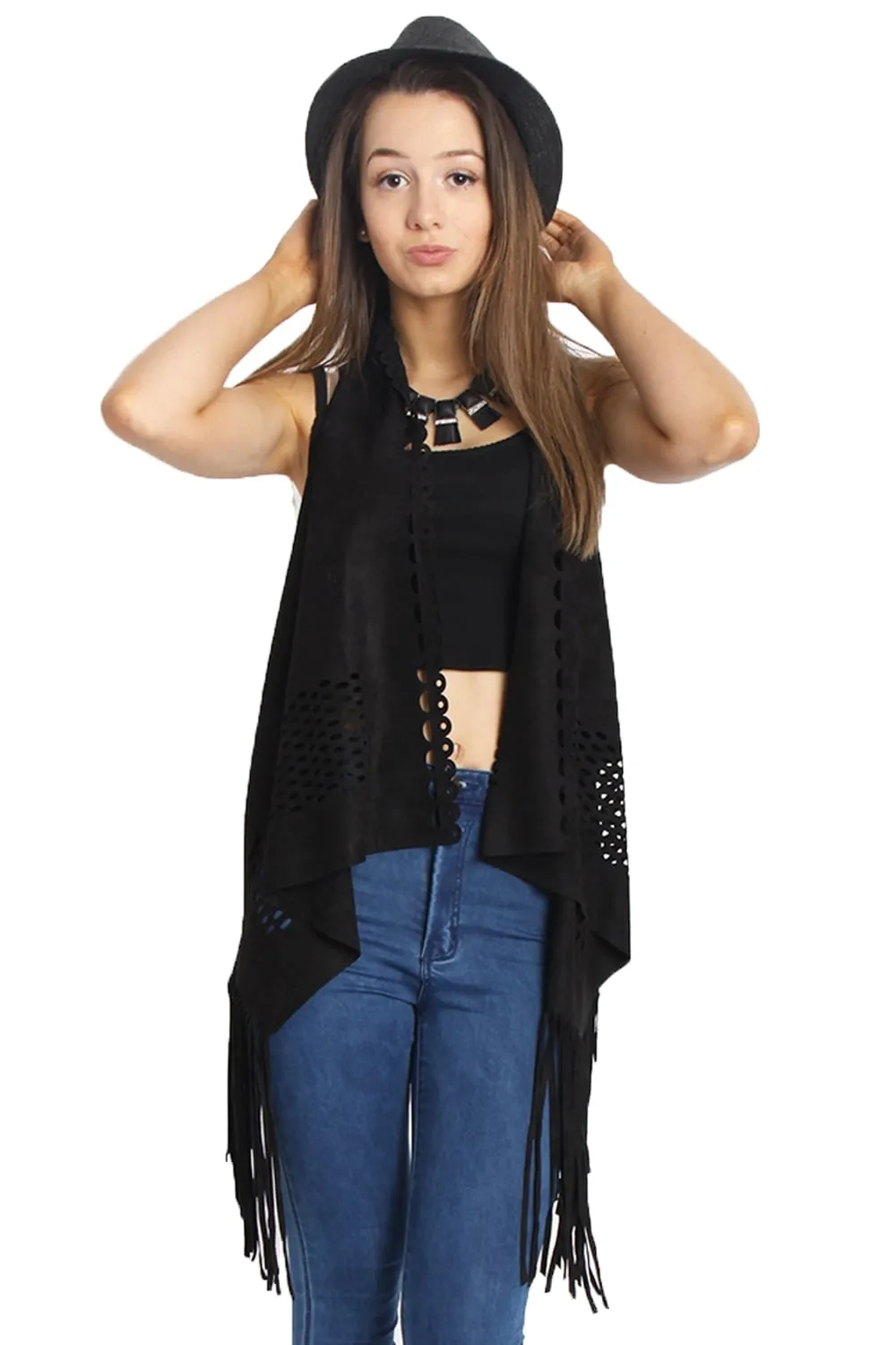 Laser Cut Faux Suede Waterfall Fringed Waistcoat