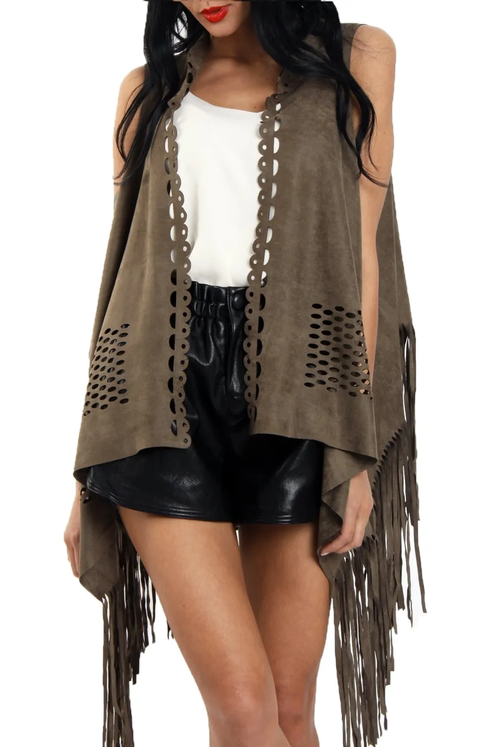 Laser Cut Faux Suede Waterfall Fringed Waistcoat