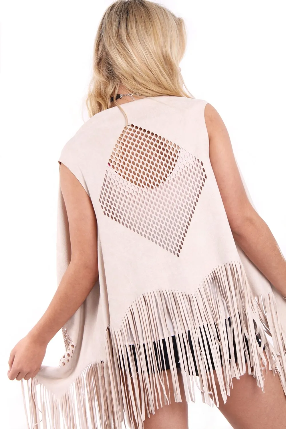 Laser Cut Faux Suede Waterfall Fringed Waistcoat