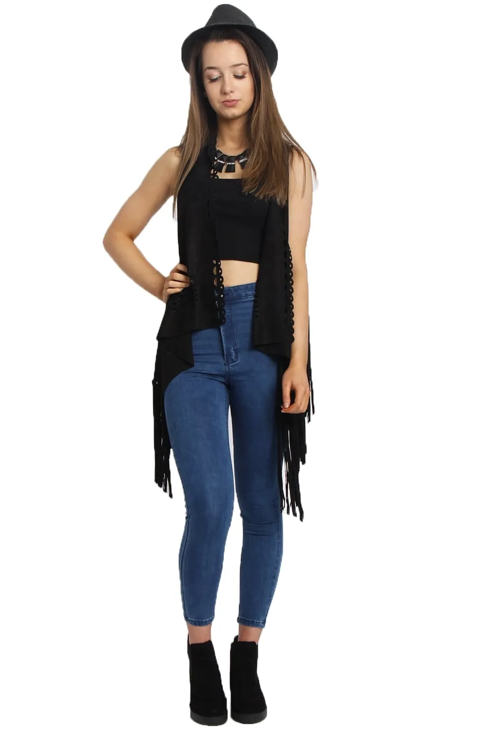 Laser Cut Faux Suede Waterfall Fringed Waistcoat