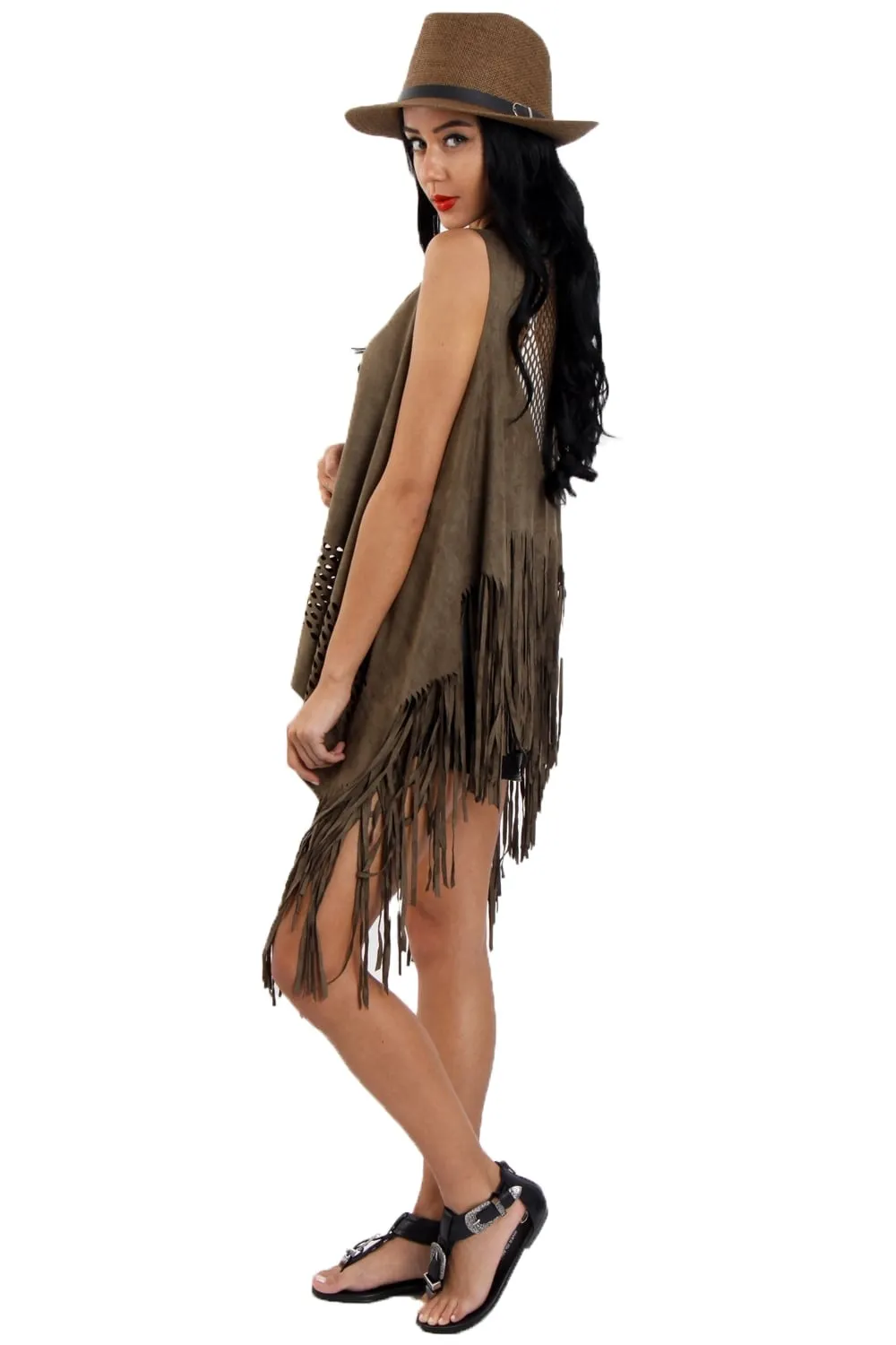 Laser Cut Faux Suede Waterfall Fringed Waistcoat