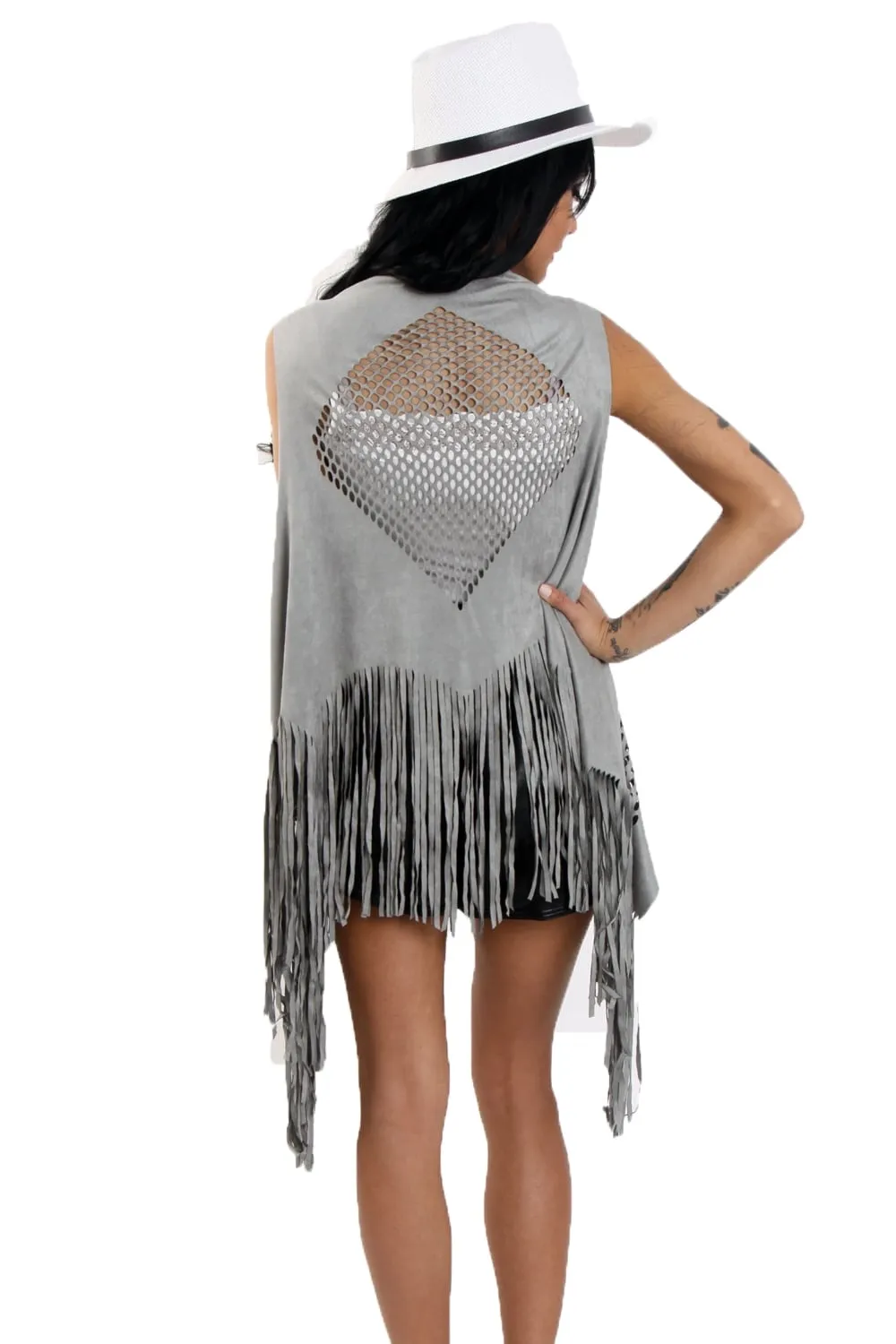 Laser Cut Faux Suede Waterfall Fringed Waistcoat