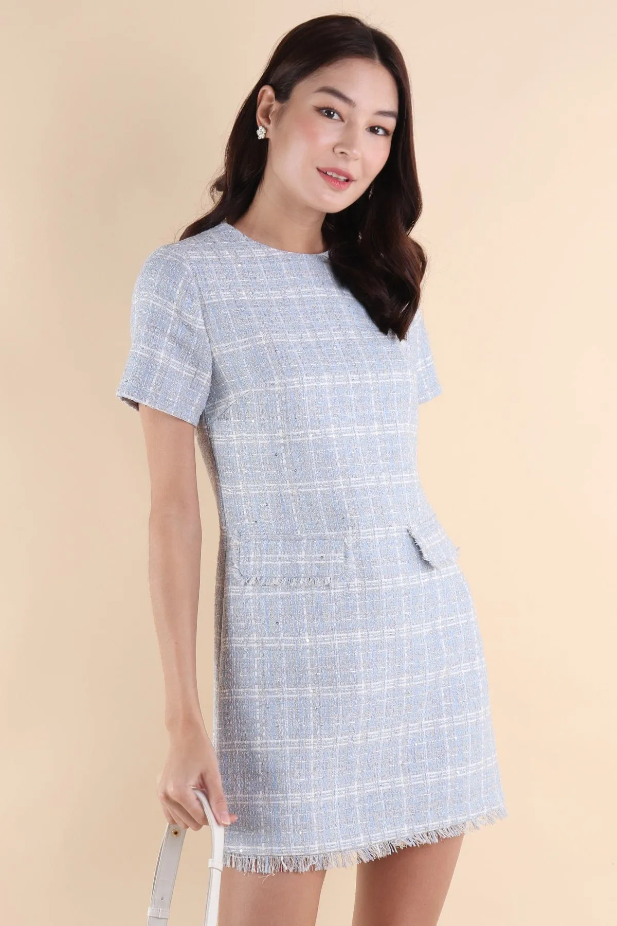 LEIGH TWEED SHIFT DRESS IN SKY