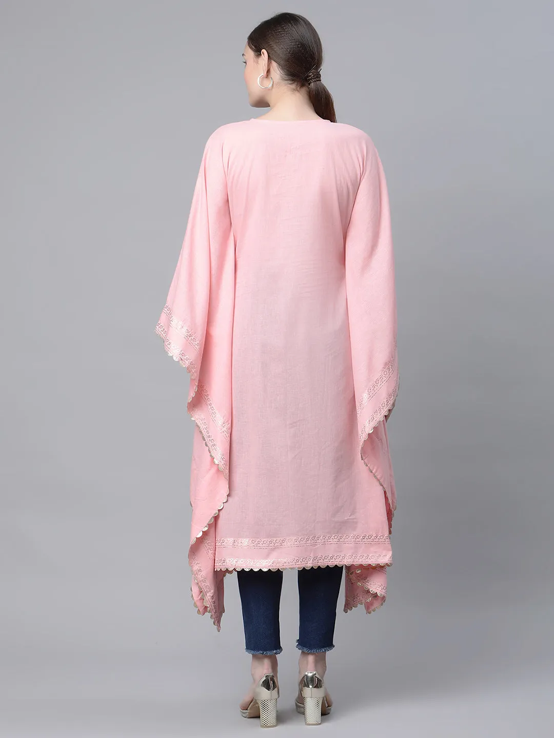 Light Pink Pure Cotton Printed Flared Sleeve Kaftan Kurta