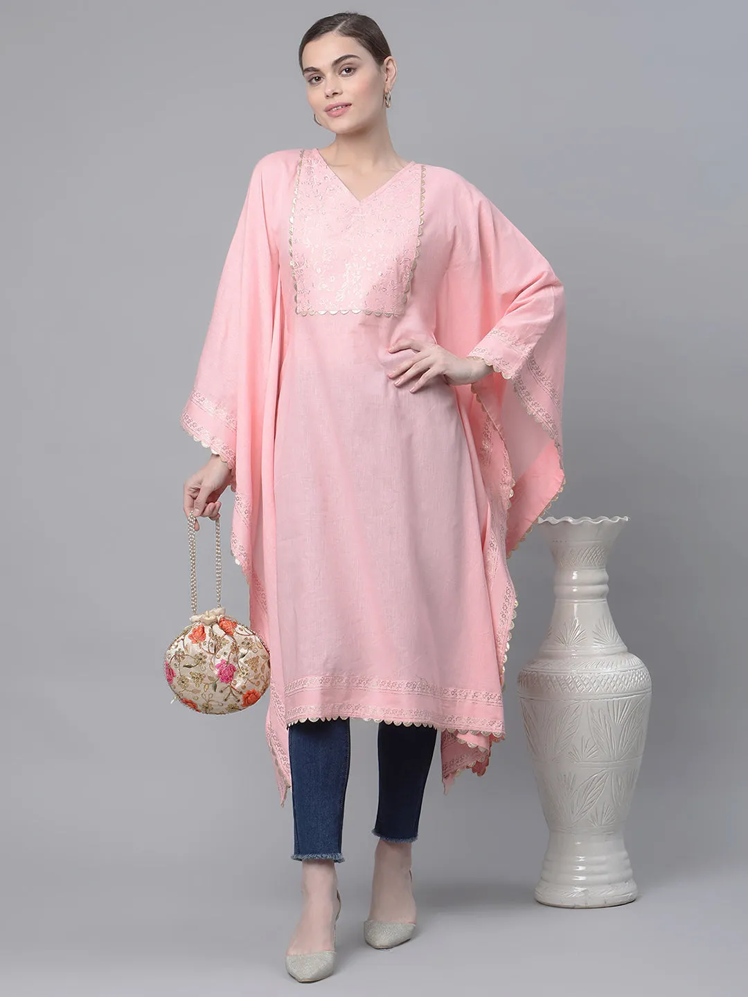 Light Pink Pure Cotton Printed Flared Sleeve Kaftan Kurta