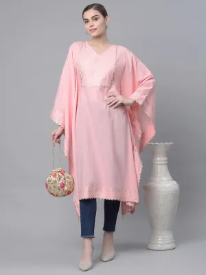 Light Pink Pure Cotton Printed Flared Sleeve Kaftan Kurta