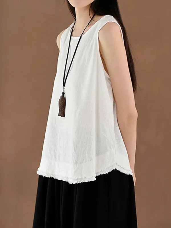 Loose Sleeveless Fringed Solid Color Round-Neck Vest Top