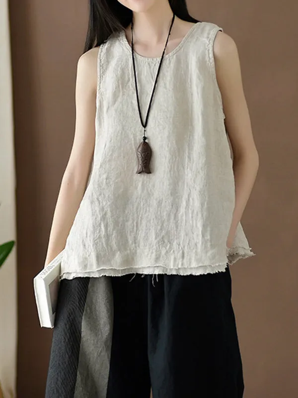 Loose Sleeveless Fringed Solid Color Round-Neck Vest Top