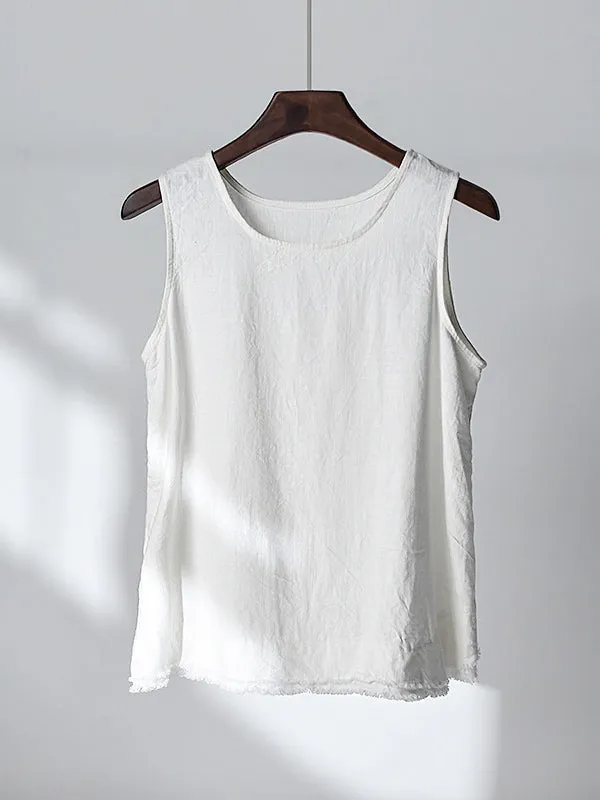 Loose Sleeveless Fringed Solid Color Round-Neck Vest Top