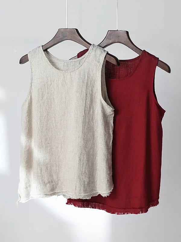 Loose Sleeveless Fringed Solid Color Round-Neck Vest Top