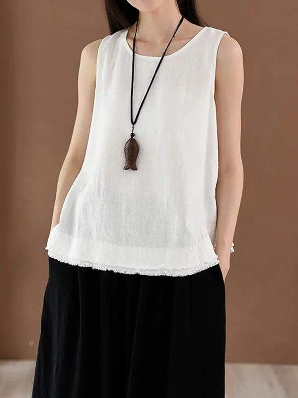 Loose Sleeveless Fringed Solid Color Round-Neck Vest Top