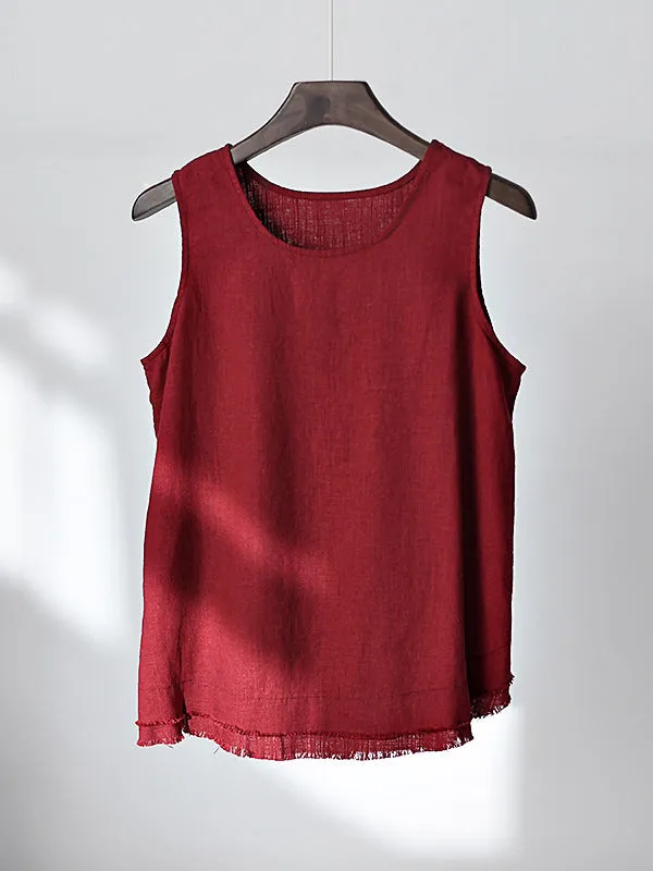 Loose Sleeveless Fringed Solid Color Round-Neck Vest Top