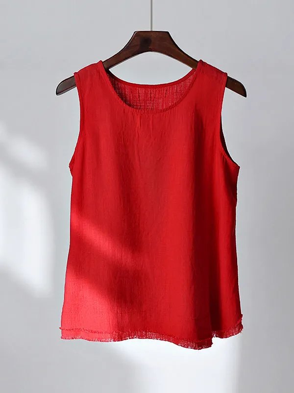 Loose Sleeveless Fringed Solid Color Round-Neck Vest Top