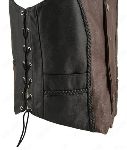 Made in USA Black and Brown Two Tone Naked Leather Buffalo Nickel Biker Vest Braid Trim Gun Pockets