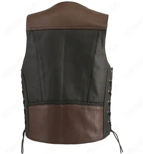 Made in USA Black and Brown Two Tone Naked Leather Buffalo Nickel Biker Vest Braid Trim Gun Pockets