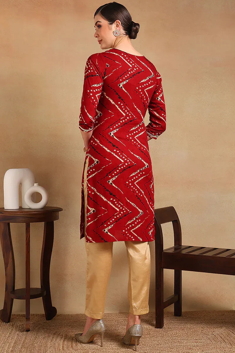 Maroon Viscose Rayon Chevron Print Straight Shape Kurta