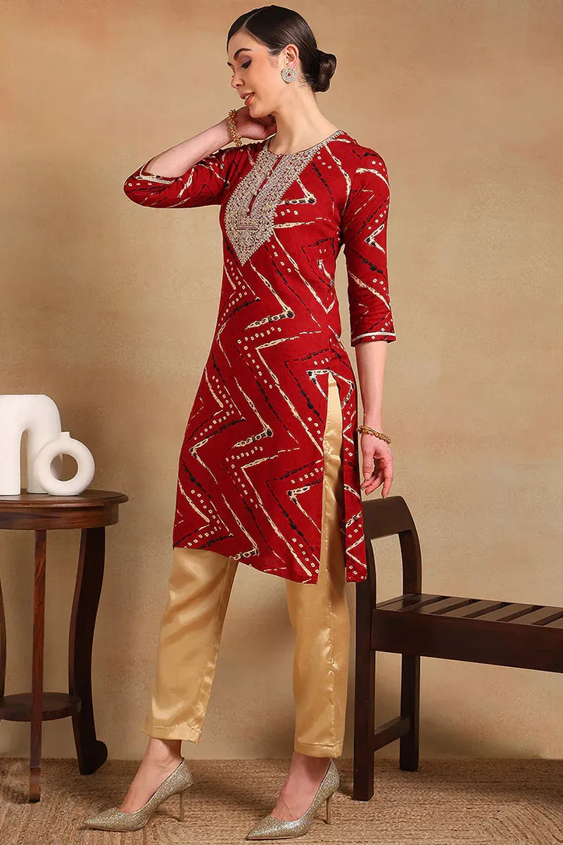 Maroon Viscose Rayon Chevron Print Straight Shape Kurta