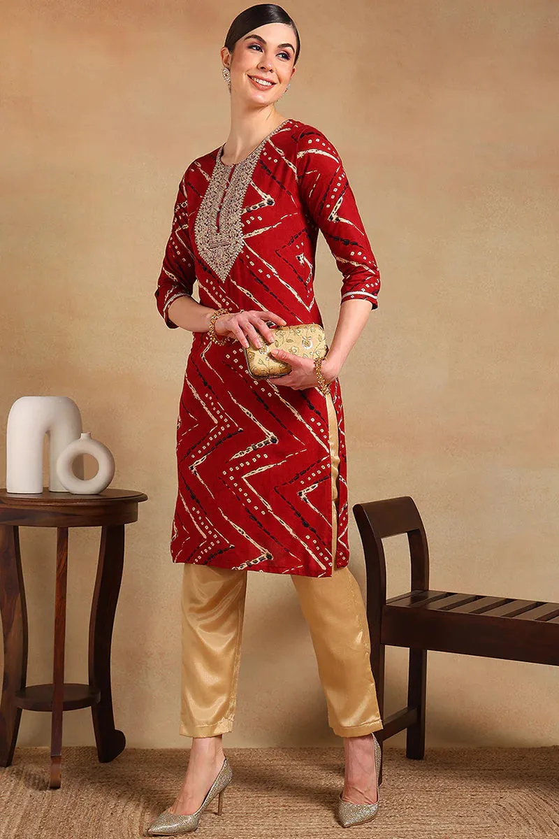 Maroon Viscose Rayon Chevron Print Straight Shape Kurta