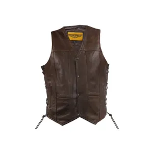 Mens 10 Pocket Brown Naked Leather Motorcycle Vest