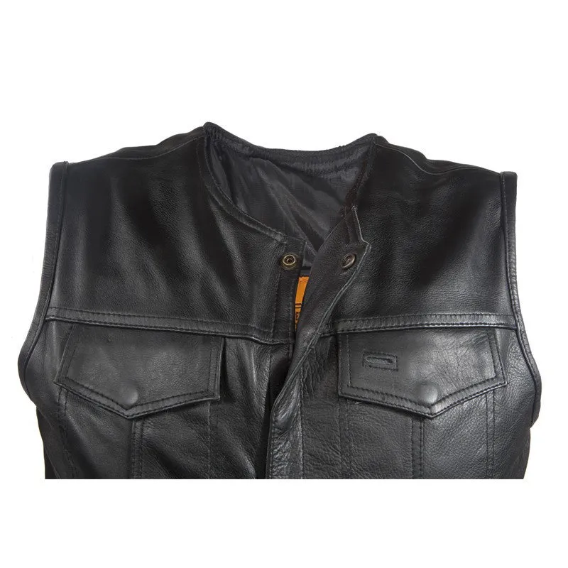 Mens 1/2" Collar Naked Leather Motorcycle Club Vest With Gun Pockets Solid Back