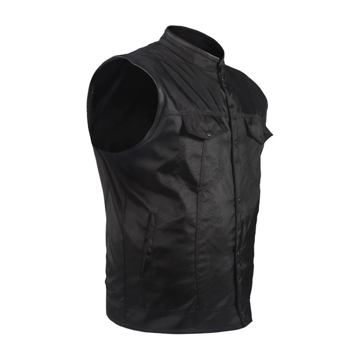 Mens Black Textile Motorcycle Club Vest With Snaps Gun Pockets Solid Back