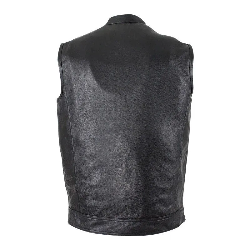 Mens Leather Motorcycle Vest Solid Back Concealed Snaps Gun Pockets