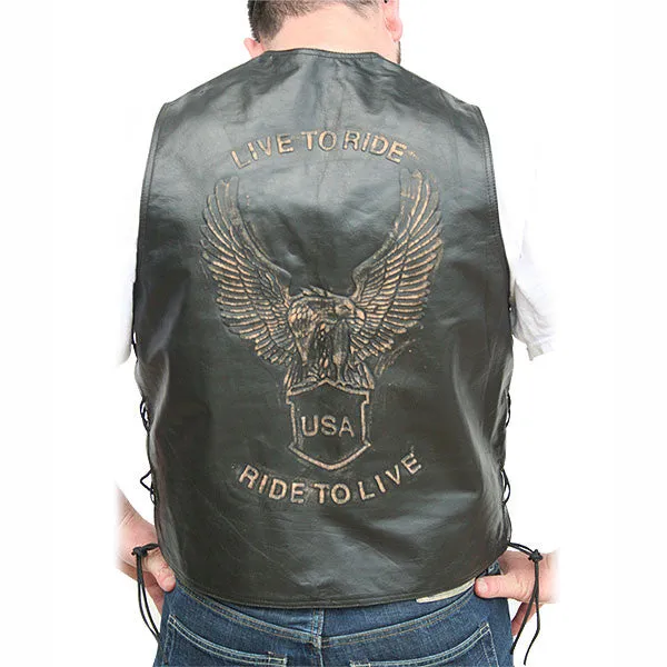 Men's Retro Black Leather Motorcycle Vest Eagle on Back