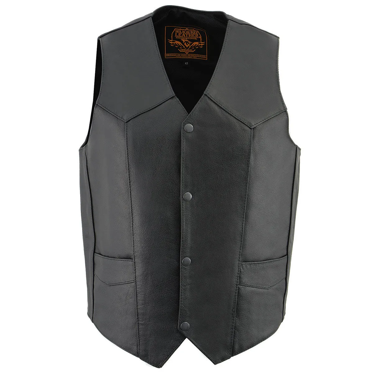 Milwaukee Leather LKM3730 Men's Black Leather Western Style V-Neck Motorcycle Rider Vest with Front Snap Closure