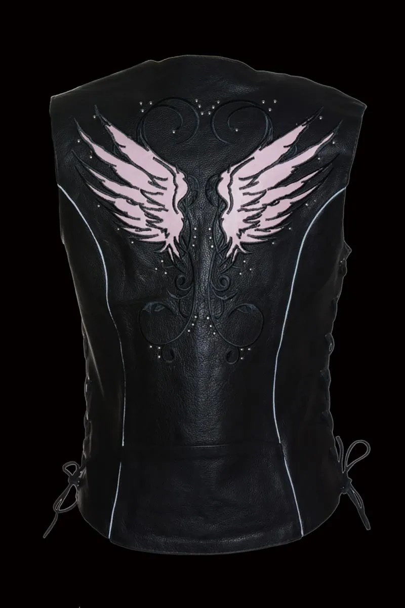 Milwaukee Leather ML1293 Women's Black and Pink ‘Wing Studded’ Leather Vest