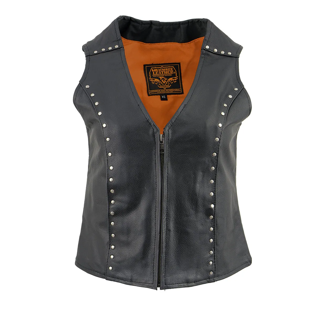 Milwaukee Leather ML2078 Women's Black Premium Leather Motorcycle Rider Vest- Studding Detail with Front Zip Closure