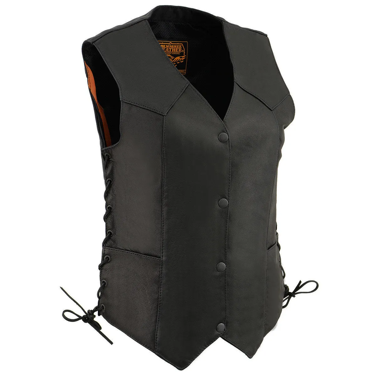 Milwaukee Leather MLL4546 Women's Black Premium Leather Lightweight 4-Snap V-Neck Side Lace Motorcycle Rider Vest