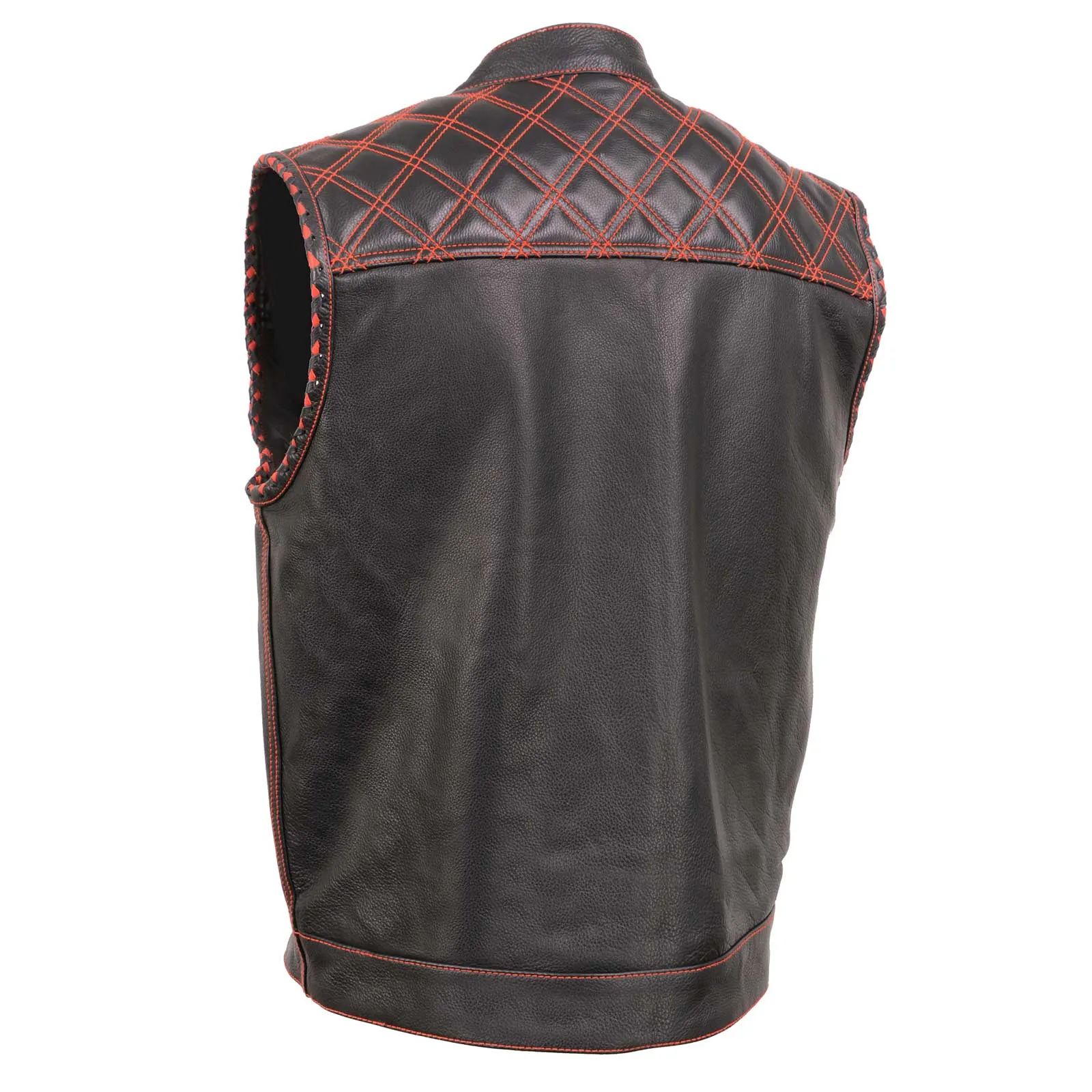 Milwaukee Leather MLM3526 Men's Black 'Paisley' Accented Red Stitching Leather Vest – w/ Armhole Trim Open Collar Design