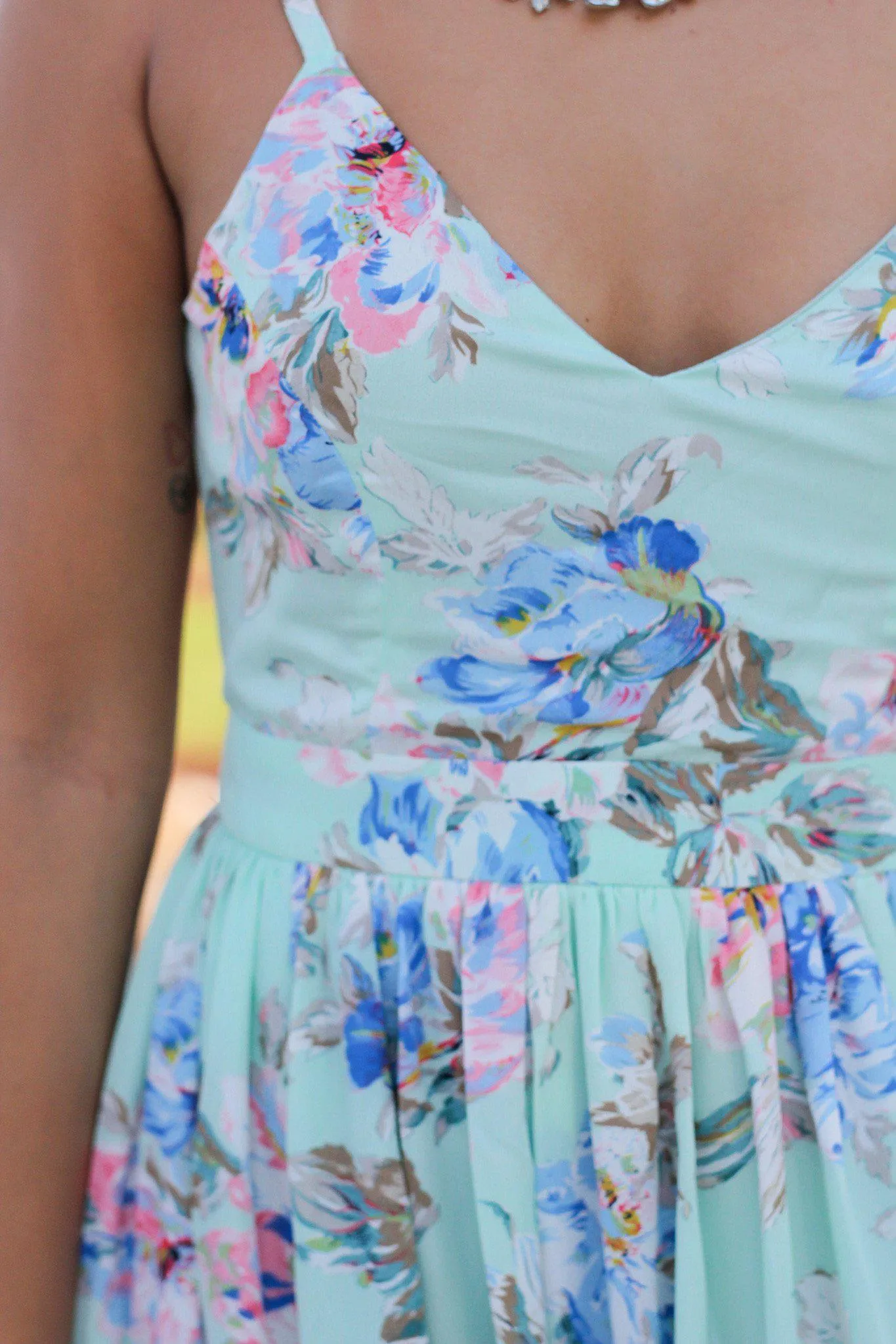 Mint Floral Maxi Dress with Open Back and Side Slit