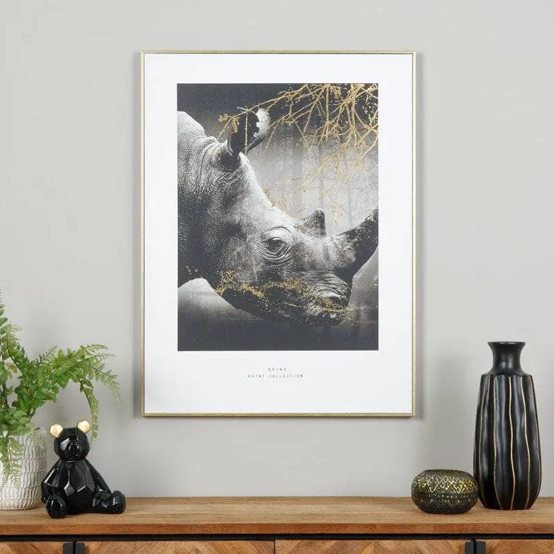 Monochrome Rhino Print With Gold Frame