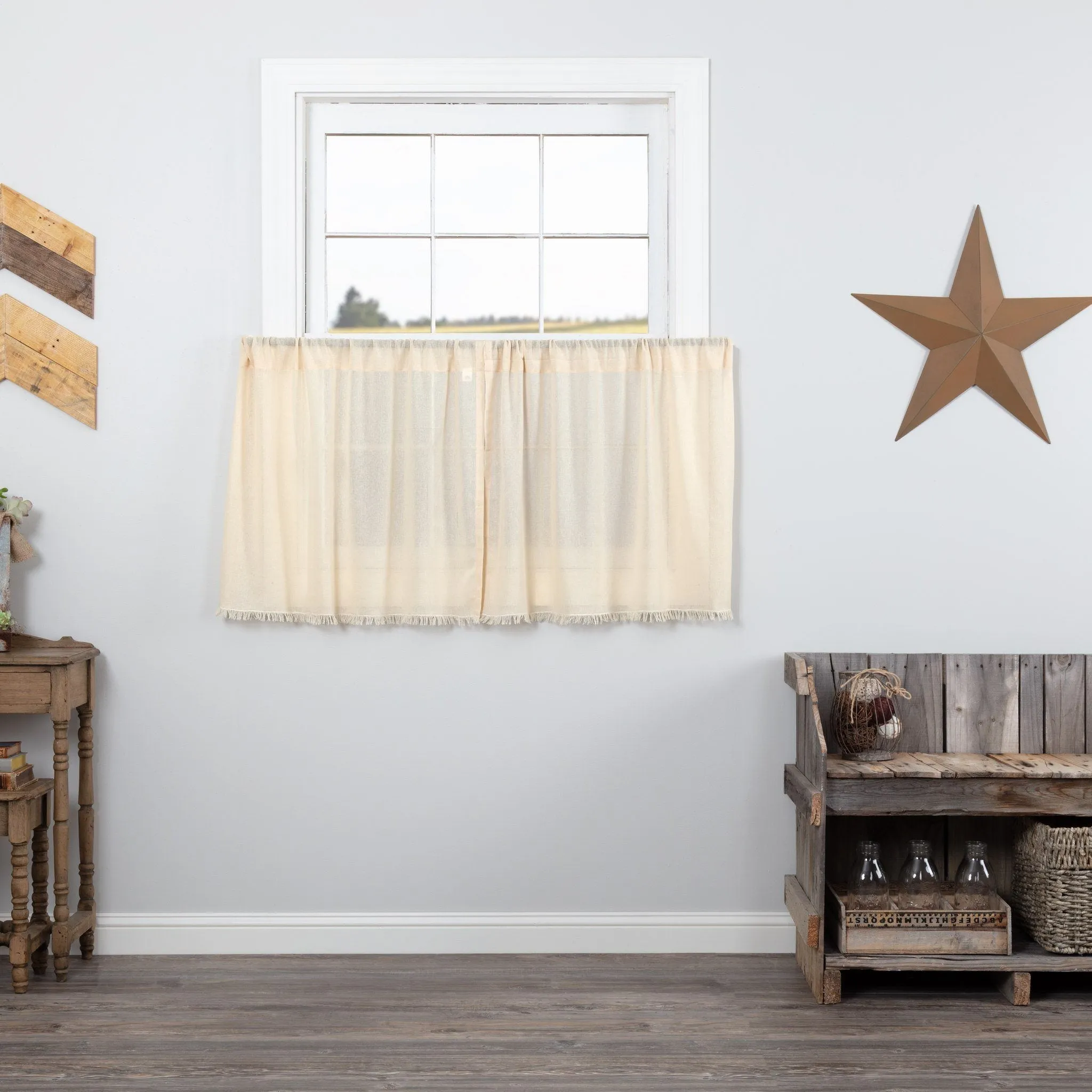 Natural Fringed Tobacco Cloth Tier Curtains 24"