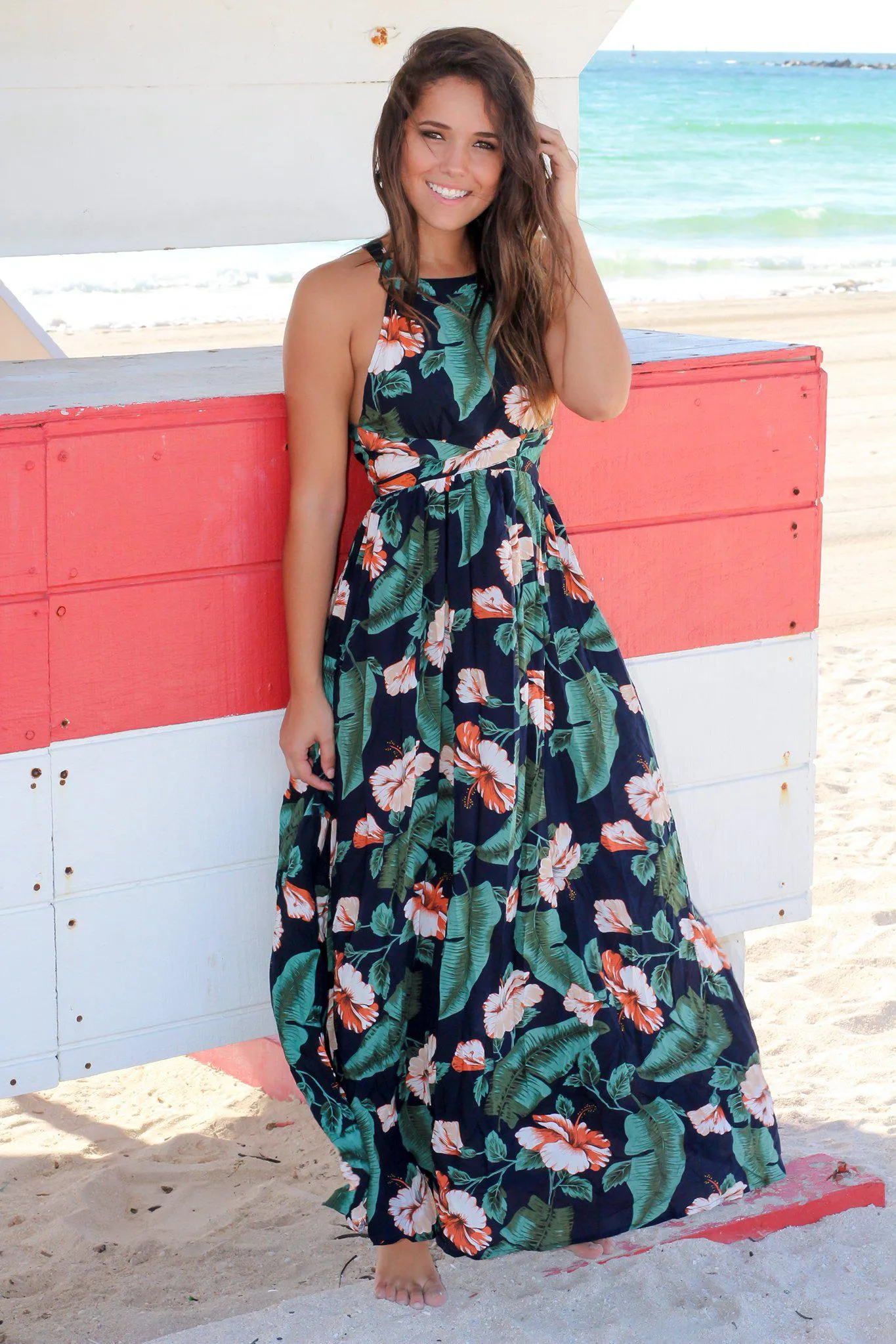 Navy Tropical Print Maxi Dress with Criss Cross Back