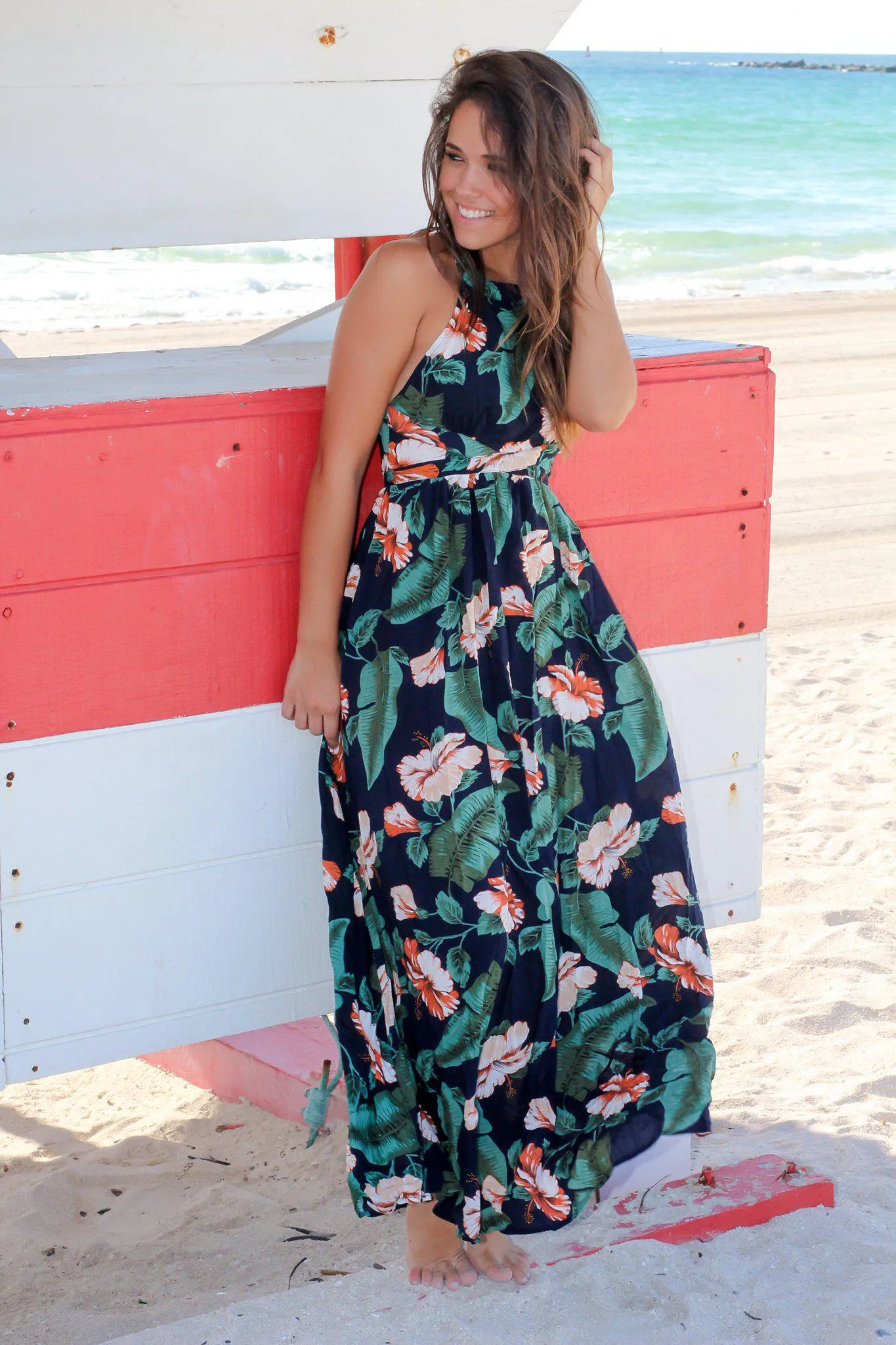 Navy Tropical Print Maxi Dress with Criss Cross Back