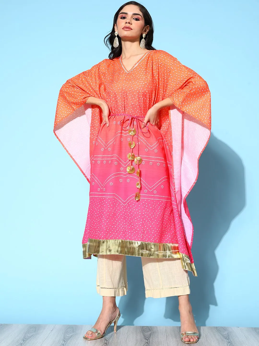 Orange Pure Cotton Blend Printed Kaftan Kurta